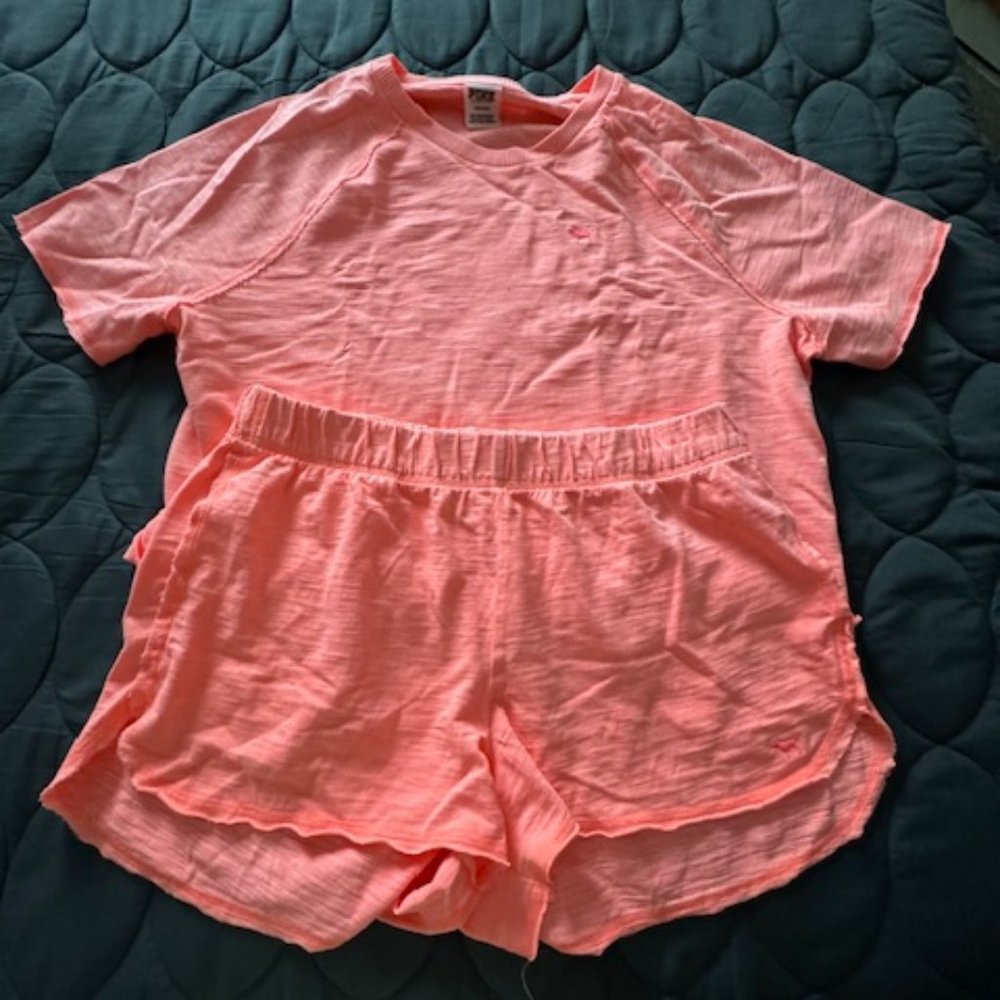 PINK Short Sleeve Cropped Coral Shirt and Short Set Size Large